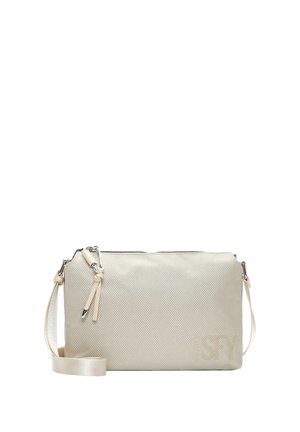 Beige strukturierte rechteckige Umhängetasche mit verstellbarem Riemen, silbernem Reißverschluss und dezent geprägt Logo in der unteren rechten Ecke.