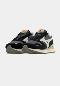 Men's sneakers in black, grey, and beige. Mesh and suede upper, with textured accents, rubber outsole, and contrasting laces.