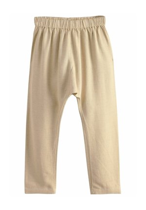 Pantaloni bej cu talie elastică, confecționați dintr-un material moale; design cu picior conic, cu o textură netedă și fără modele sau detalii din metal vizibile.