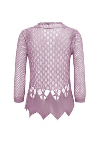 Svetle fialový pletený cardigan s otevřenou tkaninou, má tříčtvrteční rukávy a vlnitý lem s výřezovými vzory podél okraje.