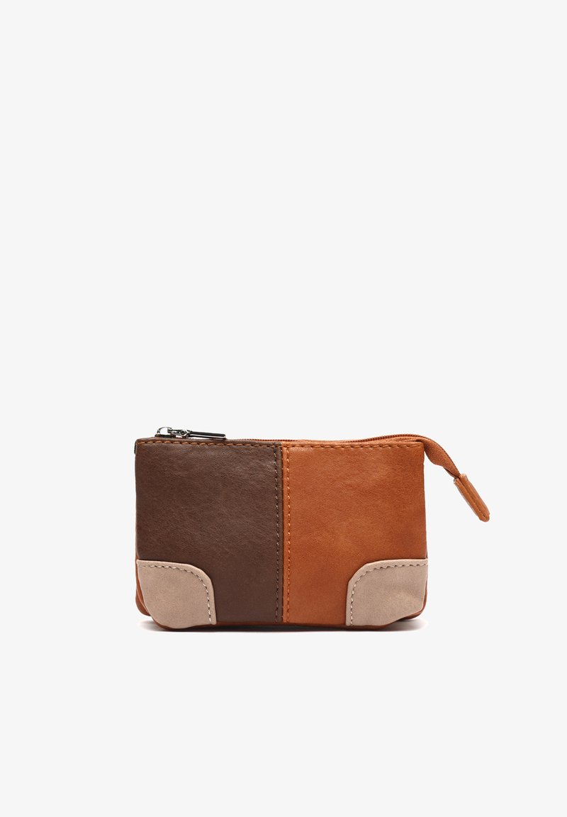 Small rectangular leather pouch with two-tone brown panels, light beige corner patches, and a top zipper with pull tab.