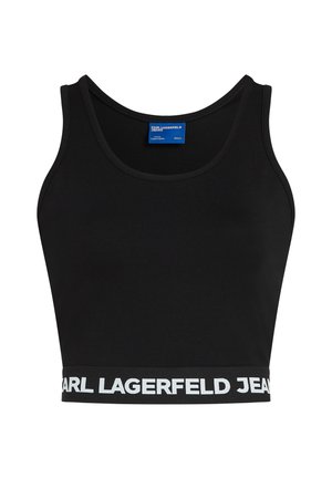 Svart avkortet tank top laget av elastisk stoff med rund halslinning og et bredt, hvitt merkeband i elastikk nederst.