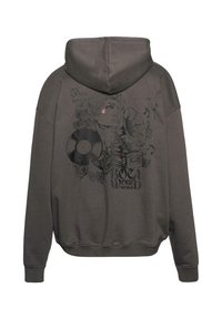 Dark gray hoodie with a large graphic on the back featuring vintage music elements, a figure, roses, and text. Soft fabric, loose fit.
