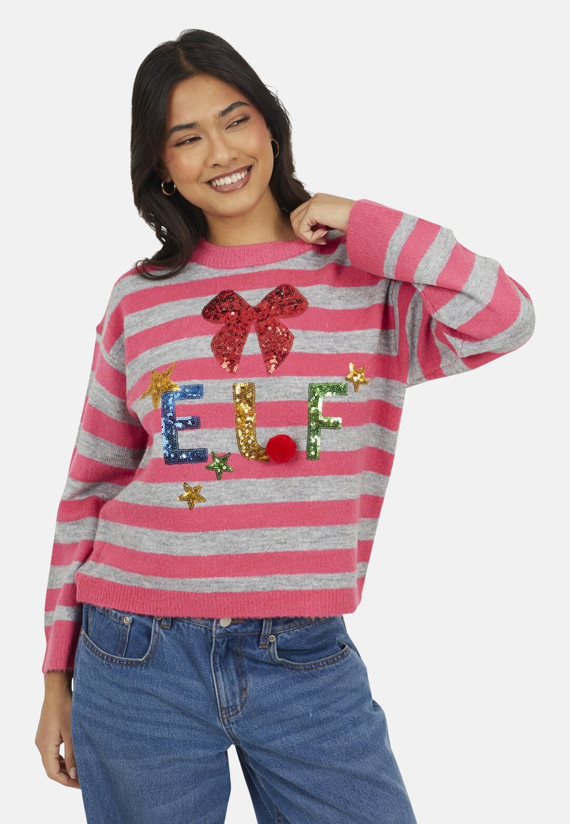Pull rayé rose et gris doté d'un nœud rouge en sequins, d'ornements colorés "E.L.F." et d'accents étoilés. Tissu tricoté doux, coupe décontractée.