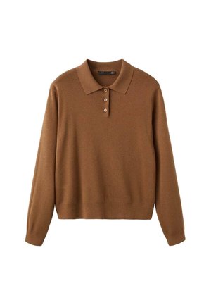 Pull-over en maille marron à manches longues avec col, patte de boutonnage à trois boutons et ourlet côtelé. Texture douce et design décontracté.