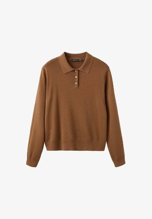 Pull-over en maille marron à manches longues avec col, patte de boutonnage à trois boutons et ourlet côtelé. Texture douce et design décontracté.