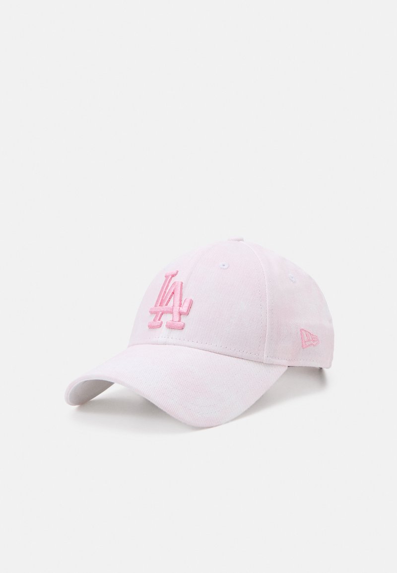 Pink cotton baseball cap with embroidered LA logo, slightly curved brim, and adjustable strap. Textured fabric with a soft finish.