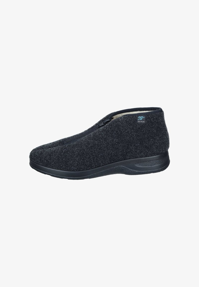Dark gray fleece slipper with a zip closure, rounded toe, and a cushioned black rubber sole. Features a small brand logo on the side.