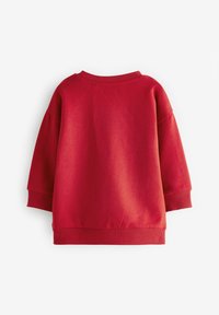 Rød oversized sweatshirt med ribbet runde hals og lange ærmer. Glat tekstur med elastiske manchetter. Bagvægen viser en ensfarvet farve.