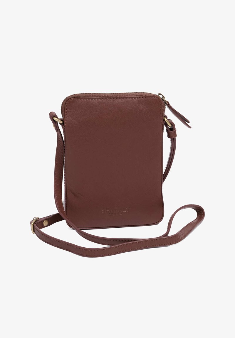Μικρό ορθογώνιο καφέ δερμάτινο τσαντάκι χιαστί με ρυθμιζόμενο λουράκι και επάνω φερμουάρ σε λευκό φόντο.