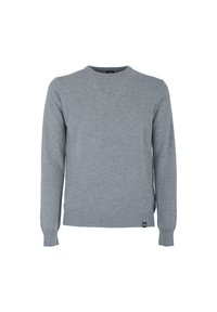 Szary sweter dziany z okrągłym dekoltem, długimi rękawami, prążkowanymi mankietami i dołem, z małą metką po lewej stronie u dołu.