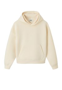 Sweat à capuche de couleur crème en tissu doux, avec poche kangourou, capuche à cordon de serrage, et poignets et ourlet côtelés. Design simple et épuré.