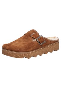 Brązowy zamszowy klapek z fakturowaną powierzchnią, wyposażony w boczny zamek, zygzakowatą podeszwę i wyszywane akcenty wzdłuż otworu i krawędzi podeszwy.