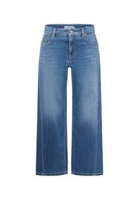 Jean en denim bleu clair à jambes larges avec une taille haute, dotés de deux poches avant et d'une braguette zippée. Texture lisse avec un léger délavage.