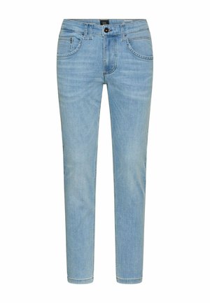 Jasnoniebieskie, dopasowane dżinsy z pięcioma kieszeniami, zapięciem na guziki i szlufkami na pasek, przedstawione od przodu na białym tle.