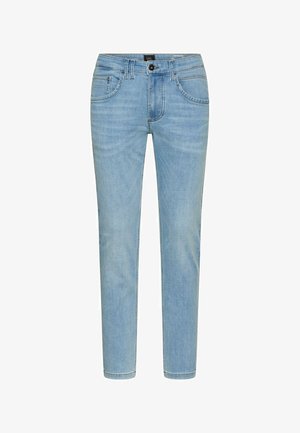 Light blue slim-fit denim jeans with five pockets, button closure, and belt loops, shown front-facing on a white background.