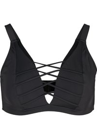 Čierny bralette s tenkými ramienkami, s krížovým detailovaním vpredu a hlbokým výstrihom. Vyrobený z hladkej tkaniny.