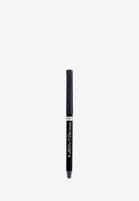 Eyeliner automatico in gel nero con punta arrotondata e cappuccio trasparente. Il corpo presenta etichette di testo bianche che indicano la marca e il nome del prodotto.
