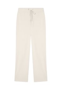 Casualne, kremowe dresy z elastycznym pasem w talii, prostym krojem nogawek i miękką, gładką fakturą. Bez wzorów ani akcentów.