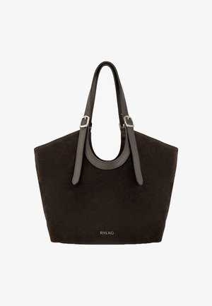 Sac fourre-tout en daim noir avec doubles anses réglables en cuir foncé et boucles argentées, logo RYŁKO au centre en bas.