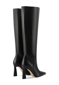 Black leather knee-high boots with a sleek design, pointed toe, and 4-inch block heel. Smooth texture and no visible embellishments.