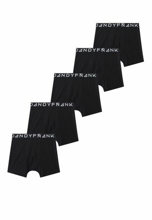 Mustat bokserit viiden pakkauksessa, pehmeää kangasta, joustava vyötärö, jossa on "DANDYFRANK" -logo, ja tavallinen leikkaus.