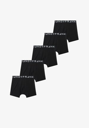 Mustat bokserit viiden pakkauksessa, pehmeää kangasta, joustava vyötärö, jossa on "DANDYFRANK" -logo, ja tavallinen leikkaus.