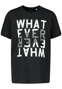 Black cotton t-shirt with a crew neck. Features bold, white text in a mixed orientation: "WHAT" on top and "EVER" beneath.