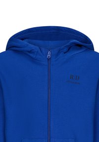 Felpa con zip di cotone blu, dotata di cappuccio con cordino, con un logo nero "RD" e "RETROUR DENIM" sul petto. Texture liscia.