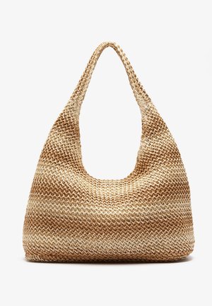 Handwoven beige and light brown striped tote bag with wide shoulder strap and open top, made from natural fiber material.