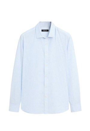 Světlomodrá pánská košile s dlouhým rukávem na knoflíky s tenkými bílými vertikálními pruhy a klasickým límcem od Massimo Dutti.