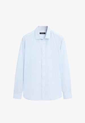 Světlomodrá pánská košile s dlouhým rukávem na knoflíky s tenkými bílými vertikálními pruhy a klasickým límcem od Massimo Dutti.