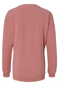 Rosa Sweatshirt, weicher Stoff, Rundhalsausschnitt, lange Ärmel, lockere Passform, gerippter Saum und Bündchen, ohne sichtbare Muster oder Akzente.