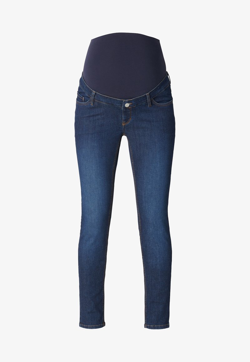 Raskaudenaisten farkut tummansinisestä denimestä, joissa on kiinteä laivaston sininen joustovyö. Slim fit -malli, viisi taskua ja minimaalinen yksityiskohtaisuus.