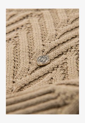 Beżowy sweter z dzianiny o teksturowanym wzorze w zygzak. Posiada dekoracyjny złoty emblemat z czarnym centralnym wzorem.