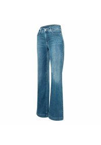 Jeans in denim blu a gamba larga con vita media, dotati di tasche frontali e un leggero effetto sbiadito sulle cosce. Chiusura a bottone classica.
