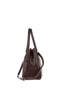 Borsa a tracolla in pelle marrone con un design morbido, doppi manici, tasca laterale e dettagli in metallo dorato.