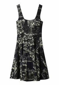 Robe noire avec un motif abstrait blanc représentant des maisons et des plantes, décolleté bateau, larges bretelles et jupe évasée. Tissu doux.