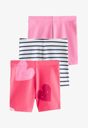 Drei Paare Kinderkurzshorts gestapelt; einfarbig rosa, ein marineblau weiß gestreift, eines rosa mit lächelnden Herzmotiven.