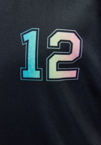 Number 12 in gradient blue and pink with black outline printed on textured black fabric.
