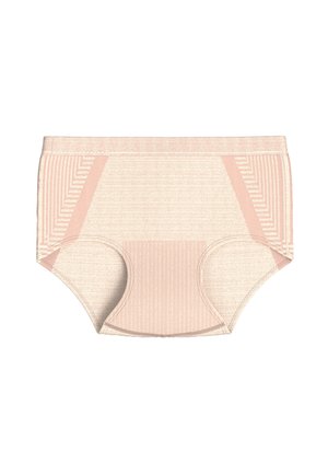 Beige underkläder med ljusrosa detaljer. Har strukturerad tyg med vertikala ränder och en klassisk kalsongform. Inga synliga knäppningar.