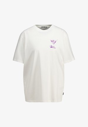 Witte katoenen T-shirt met korte mouwen, voorzien van een paarse afbeelding van een cocktailglas en een poolbal op de linkerkant van de borst.