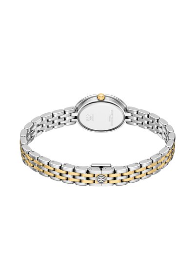 Reloj de acero inoxidable en tonos plateado y dorado con esfera redonda, diseño de pulsera con eslabones y corona con acento dorado. Acabado elegante con cierre de hebilla.