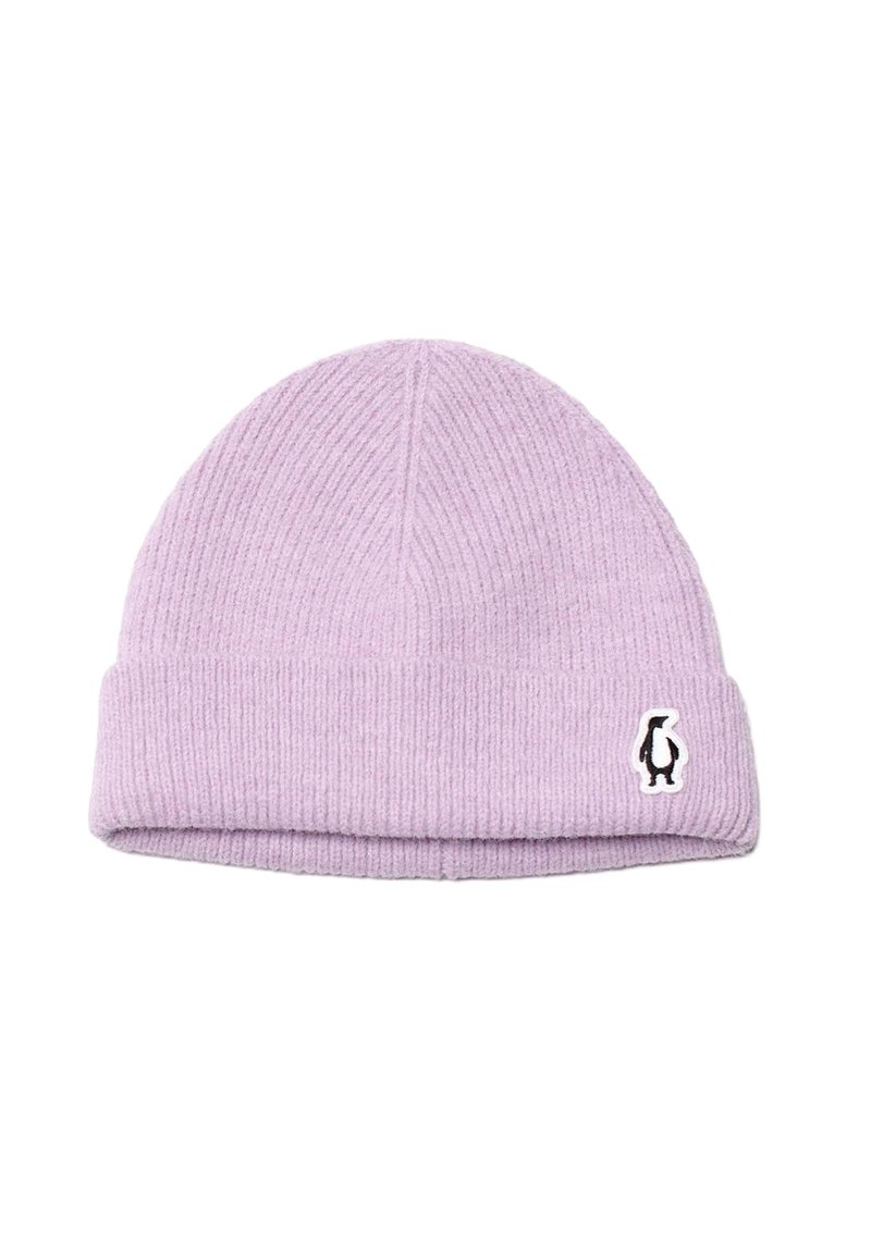 Beanie lilla lavorato a maglia con texture a coste, risvolto piegato e un piccolo logo di pinguino bianco e nero sulla parte frontale.