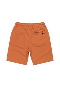 Orange bomullsshorts med elastisk midja och en enda bakficka med en liten etikett. Slät textur, knälängd design.
