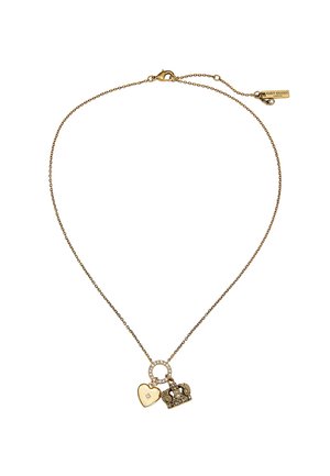 Collier de couleur or avec une chaîne, comprenant un pendentif en forme de cœur et un pendentif couronne orné de cristaux clairs. Fermeture à mousqueton.