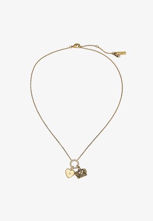 Collana color oro con catena, caratterizzata da un ciondolo a forma di cuore e un ciondolo a forma di corona decorato con cristalli trasparenti. Chiusura con moschettone.