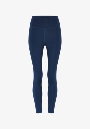 Tmavomodré legíny s vysokým pásom a plnou dĺžkou, s plochými švami a priliehavým strihom určené na aktívne nosenie.