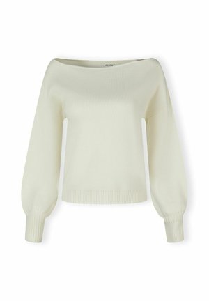 Pull crème à épaules dénudées avec de longues manches bouffantes et des poignets et ourlet côtel�és. Fabriqué en matériau tricoté doux. Design simple.