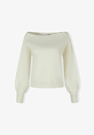 Off-the-shoulder crème sweater med lange, puffede ærmer samt ribbede manchetter og kant. Fremstillet af blødt strikket materiale. Simpelt design.